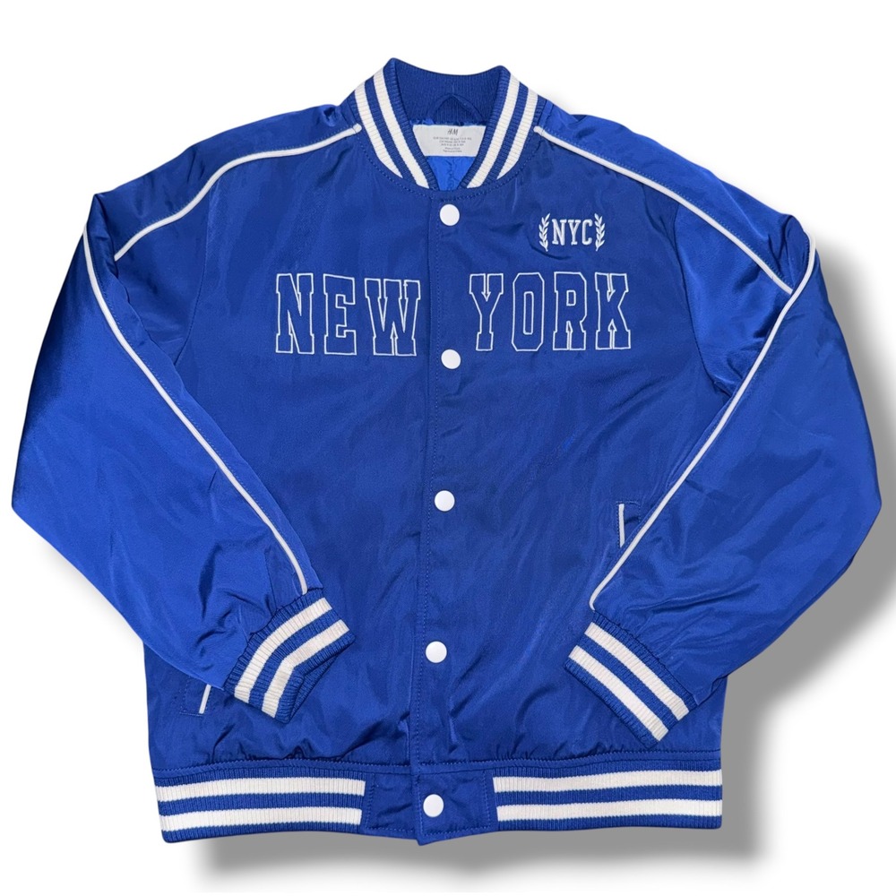 H&M Varsity Jacket Kids Size 8/10 Blue New York Embroidered Bomber